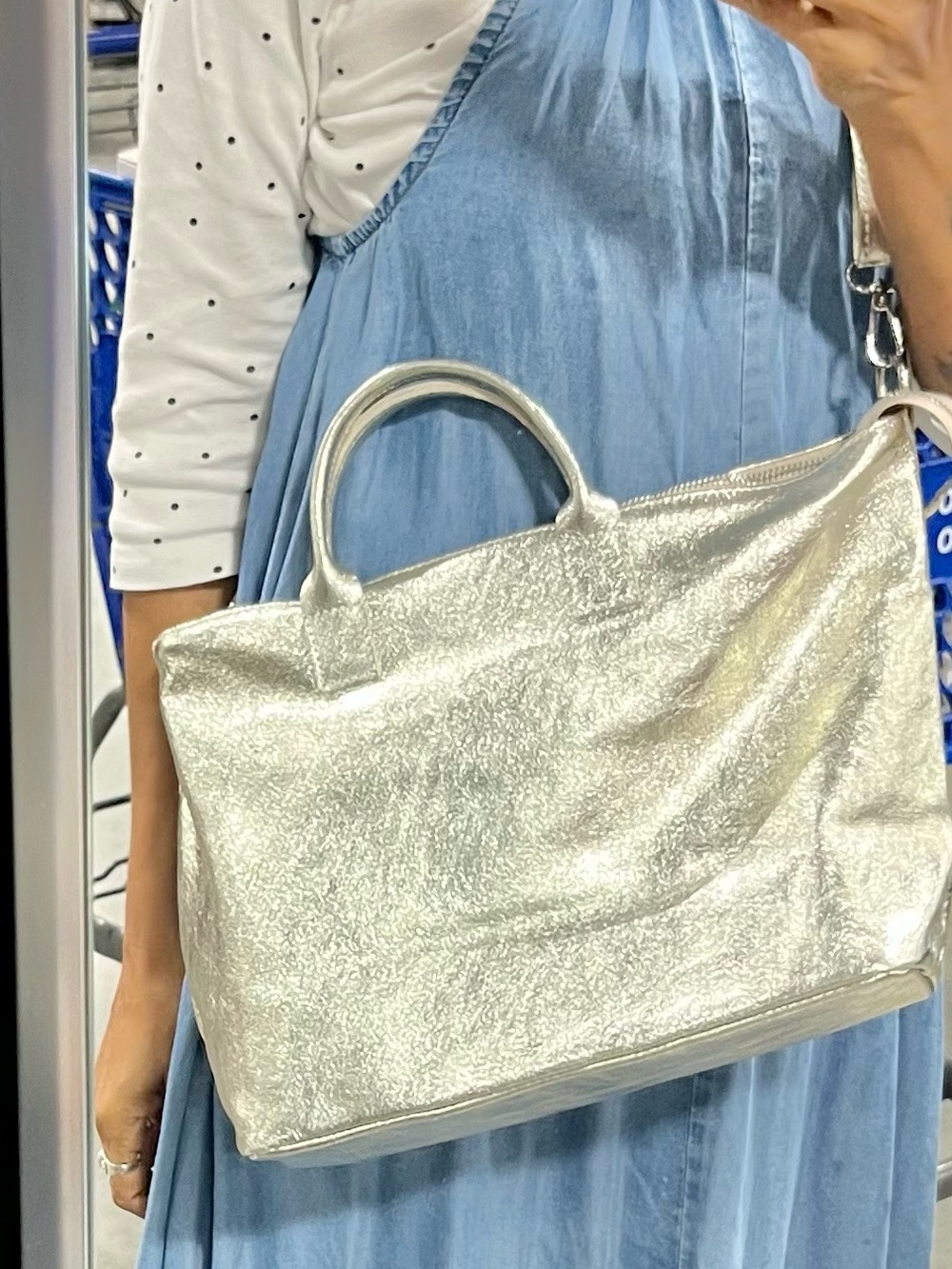 Suede Silver Metallic Tote with Hanging Tag